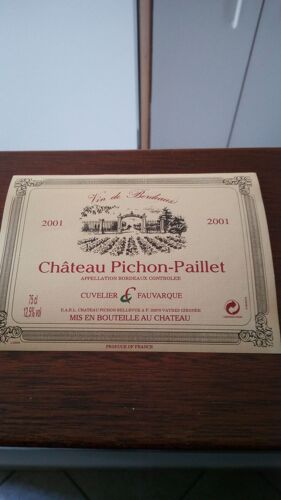 Étiquette De Vin Château Pichon Paillet Bordeaux 2001 Neuve