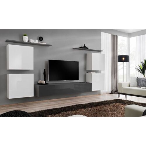 Meuble TV Mural Design "Switch IV" 320cm Blanc & Gris