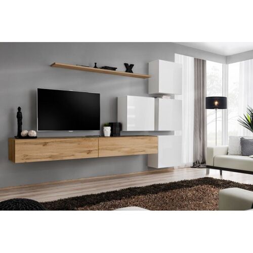 Meuble TV Mural Design "Switch IX" 310cm Naturel & Blanc