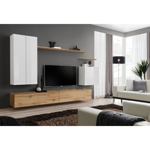 Meuble TV Mural Design "Switch II" 270cm Blanc & Naturel