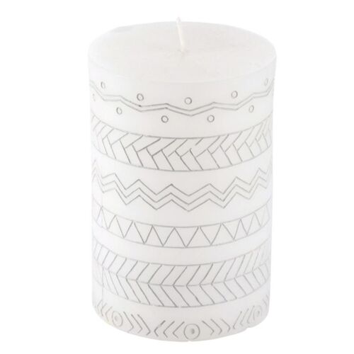 Bougie Pilier Embossée "Graphic Ethnic" 10cm Blanc