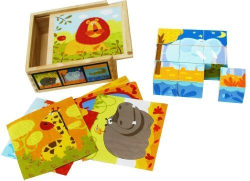 Wooden Blocks Cube Puzzles A¿ Wooden Cube Block Jigsaw Puzzles 9 Cubes Of 6 Wild Animals In A Wooden Box- Wooden Toys 2 Year Old