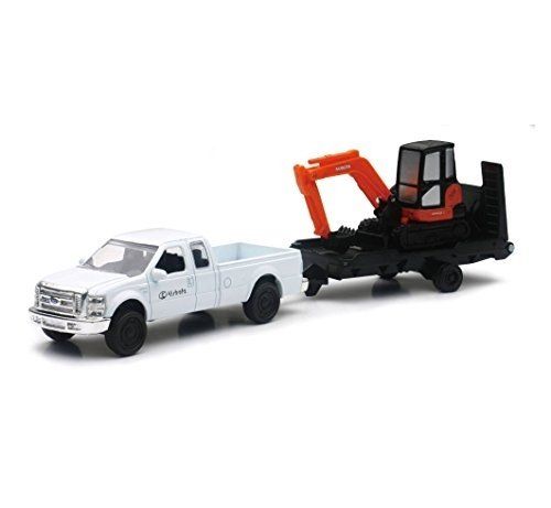 New Ray New 10 Newray Kubota Collection - Kubota Kx040 Excavator With White Ford F-250 Super Duty Pickup & Trailer (Orange Black) Model Toys