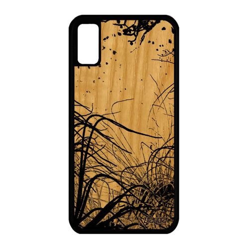 Coque pour iPhone X en bois silicone océan noir algues smartphone nature mer plantes marines souple frêne plongée dessin de