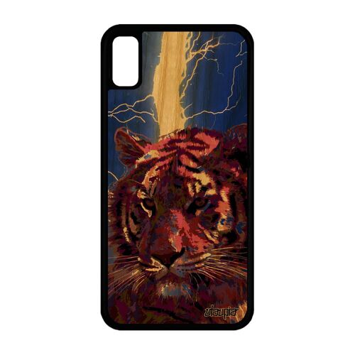 Coque pour iPhone XR bois silicone tigre personnalisé felin bumper animal sauvage animaux orage bleu du bengal tigresse fauve
