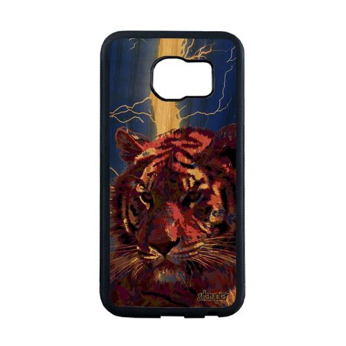 Coque Pour Samsung Galaxy S6 Edge Bois Silicone Tigre Du Bengal Noir Felin Foudre Animal Orage Housse Design Eclair Fauve Bleu De
