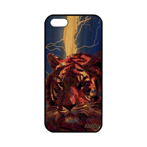 Coque Pour Iphone 5 5s Se Bois Silicone Tigre Animaux Orage Noir Case Felin Fauve Bleu Du Bengal Foudre Sauvage Made In France Apple