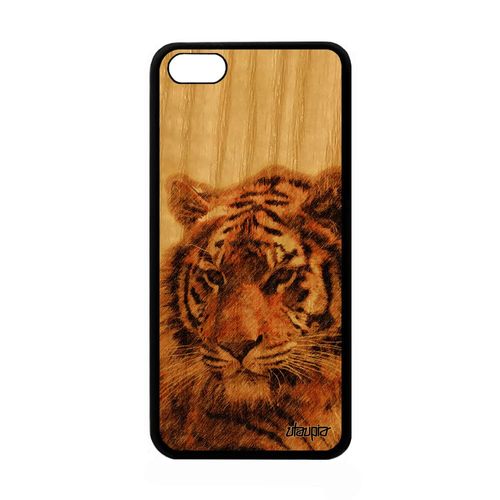 Coque En Bois Iphone 5c Et Silicone Tigre Housse Case Felin Smartphone Pas Cher Marron Fauve Design Tigresse Predateur Animaux Apple