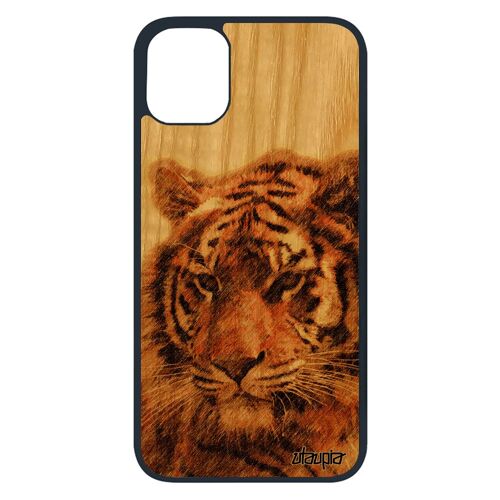 Coque en bois silicone iPhone 11 pro tigre predateur tigresse personnalisé original marron de tasmanie animal antichoc nature