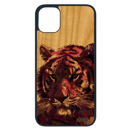 Coque bois iPhone 11 pro silicone tigre 128 Go portable antichoc tigresse pop art art animaux violet du bengal fauve grapgique