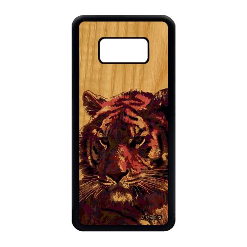 Coque bois pour S8 silicone tigre felin sauvage personnalisé design tigresse housse fauve animal du bengal violet art Samsung galaxy
