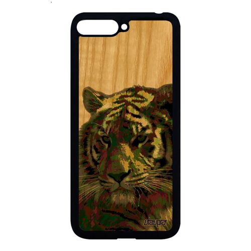 Coque tigre rigide Y6 2018 en bois silicone tigresse pop art design caoutchouc de tasmanie animal moderne animaux vert felin Huawei