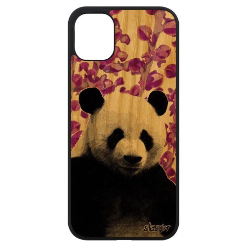 Coque iPhone 11 en bois silicone panda rose geant ecologie frêne nature de protection plante animaux ecolo animal personnalisé