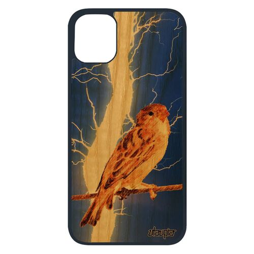 Coque iPhone 11 pro bois silicone oiseau petit moineau nature foudre 256 Go animal eclair animaux cover design bleu antichoc