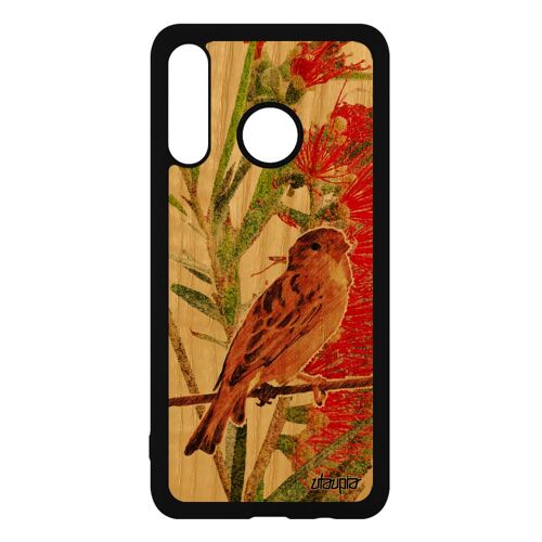 Coque en bois pour Huawei P30 Lite silicone oiseau nature petit moineau dessin case etui design vert peinture animal fleurs rigide
