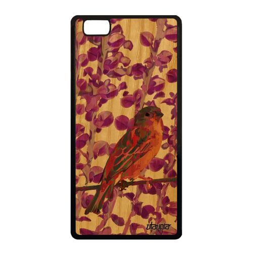 Coque vrai bois veritable P8 Lite 2015 silicone oiseau souple design pas cher rose animaux moineau nature animal etui petit Huawei