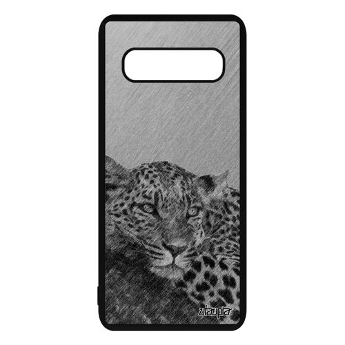 Coque pour Samsung Galaxy S10+ Plus en silicone leopard guepard jaguar afrique predateur design etui case dessin sauvage gris animal