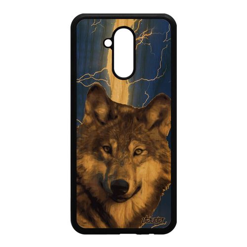Coque Telephone Pour Huawei Mate 20 Lite En Bois Veritable Silicone Loup Louve Eclair Design Animal Housse Bleu Bête Sauvage Animaux