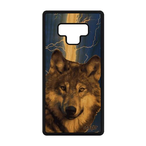 Coque pour Samsung Note 9 bois silicone loup bête sauvage foudre etui bleu eclair louve predateur antichoc orage smartphone galaxy