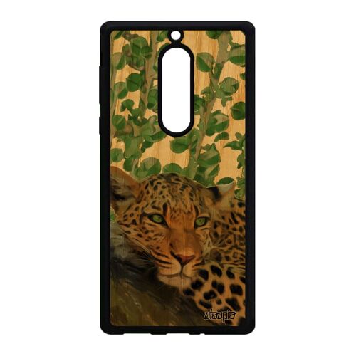 Coque Nokia 5 En Bois Et Silicone Leopard Guepard Jaguar Felin Vert Afrique Animal Sauvage Solide Predateur Etui Tpu Animaux Design