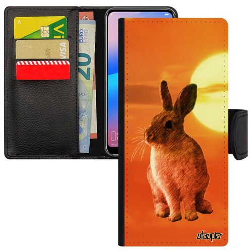 Coque Pour Samsung Galaxy S24 Ultra Porte Cartes Lapin Housse Lapine Portable Couché De Soleil Ciel De Paques Belier Animaux 4g En