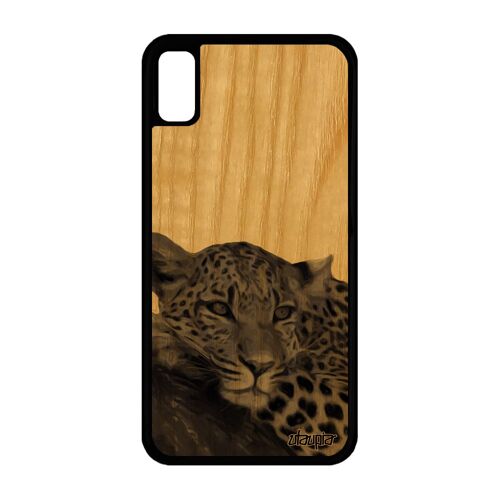 Coque leopard guepard jaguar iPhone XR bois silicone gris de protection portable design peinture nature dessin felin animaux