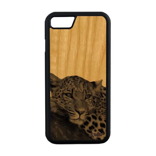 Coque pour iPhone 8 bois silicone leopard guepard jaguar felin unique nature gris predateur design case animal fauve afrique