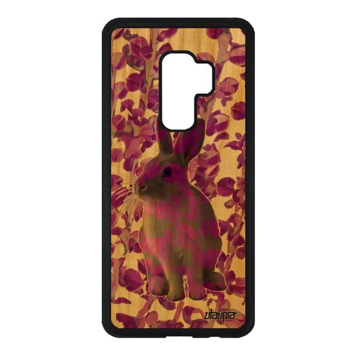 Coque en bois lapin Samsung S9+ Plus et silicone design etui nature mignon de paques plante personnalisé rose lapine lièvre galaxy