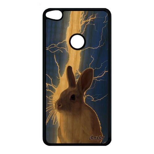 Coque lapin Honor 8 Lite en bois silicone telephone bleu animaux animal etui orage nain de paques design foudre lapine eclair Huawei
