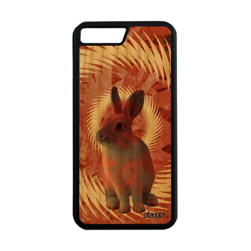 Coque bois silicone lapin pour iPhone 8+ Plus personnalisé joli lièvre mandala animal de paques housse lapine texture orange
