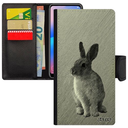 Coque Pour Samsung S24 Simili Cuir Rabat Portefeuille Lapin Gris Belier Original Lapine Dessin Design Smartphone Joli Animaux Galaxy