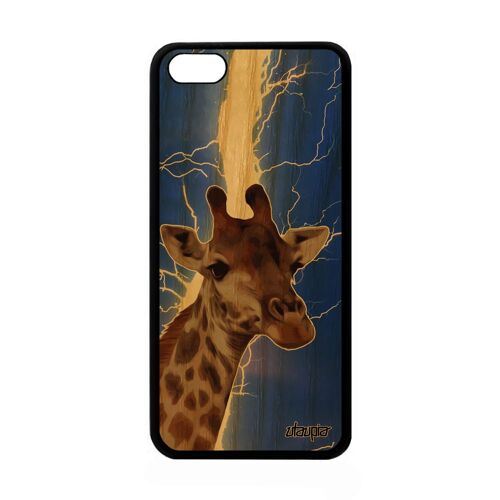 Coque Iphone 5c En Bois Silicone Girafe Animal De Protection Tache Foudre Animaux Noir Savane Bleu Design Motif Eclair Orage Apple