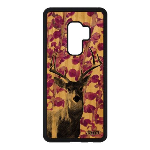 Coque en bois cerf Samsung S9+ Plus silicone animal foret souple 4G cervide biche etui animaux faon plante de protection rose galaxy