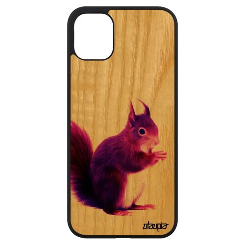 Coque pour iPhone 11 bois silicone ecureuil etui personnalisé animaux animal antichoc mignon design peinture foret violet de