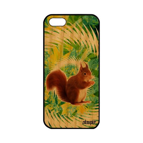 Coque bois Apple iPhone 5 5S SE silicone ecureuil mandala motif foret mignon TPU design antichoc personnalisé portable animal vert