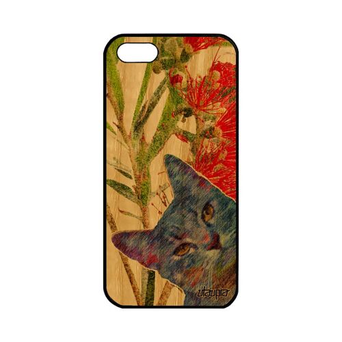 Coque pour Apple iPhone 5 5S SE en bois silicone chat design nature matou chaton mobile telephone vert felin animal portable fleurs