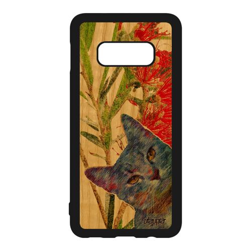 Coque Samsung S10e en bois silicone chat nature lol cat portable animal design fleurs case felin matou chaton smartphone vert galaxy
