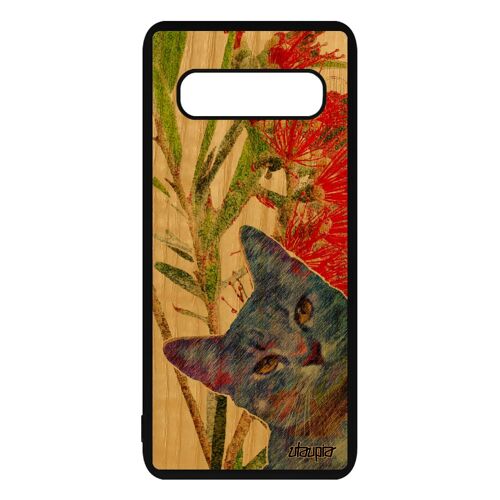 Coque Samsung S10+ Plus Bois Silicone Chat Peinture Noir Fleurs Animal Case Dessin Vert Felin Nature Lol Cat Animaux Matou De Galaxy