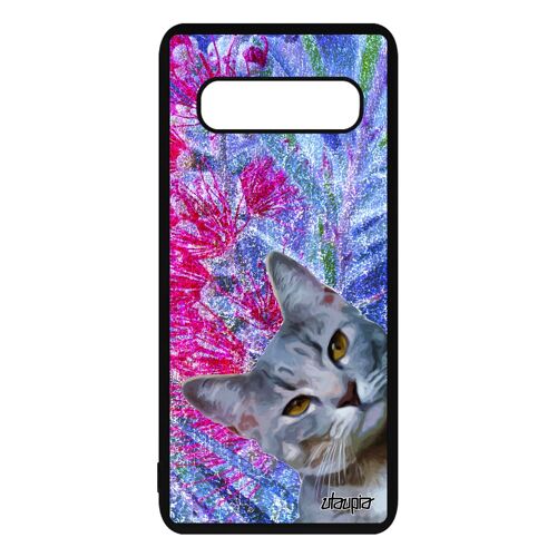 Coque pour Samsung Galaxy S10 silicone chat minou dessin case metal animal design chaton housse bleu TPU felin lolcat nature animaux