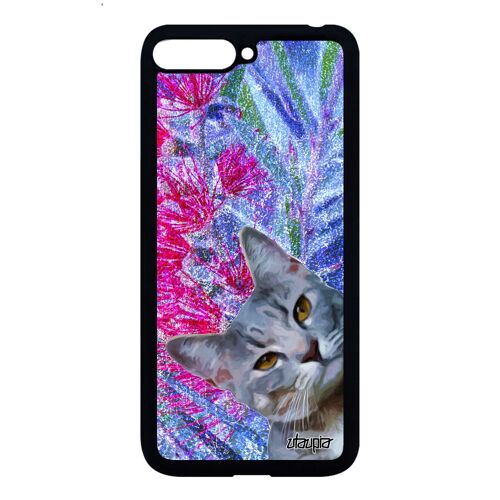 Coque chat pour Y6 2018 en silicone nature rigide portable original dessin telephone minou souple bleu fleurs housse design Huawei
