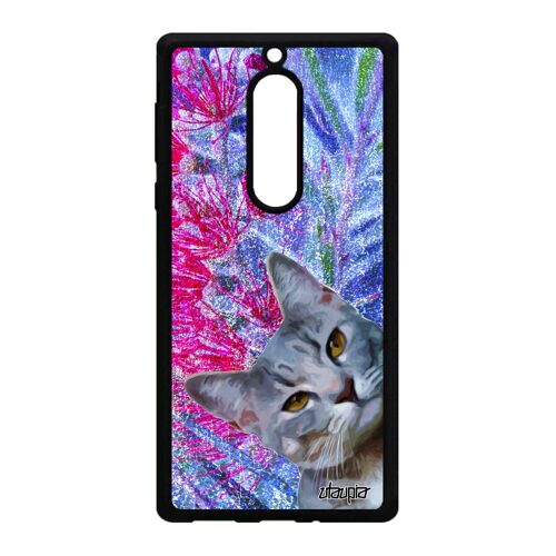 Coque Nokia 5 silicone chat aluminium minou dessin chaton design felin fleurs animaux lolcat smartphone nature animal etui bleu de