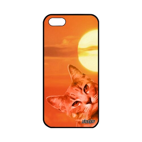 Coque silicone pour iPhone 5 5S SE chat bumper couché de soleil design chaton lol cat orange telephone matou felin ciel case Apple