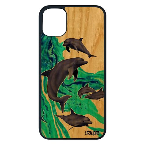Coque Iphone 11 Pro Max Bois Silicone Dauphin Motif Ocean Noir Smartphone Marsouin Vert Animaux Marin Case Mer Peinture Animal