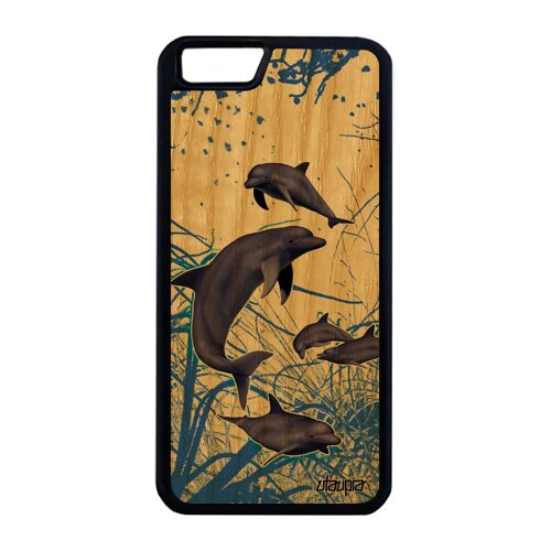 Coque pour iPhone 6+ 6S+ Plus en bois silicone dauphin fonds marins algue de protection design marsouin etui solide bleu