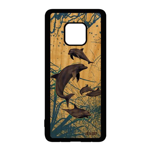 Coque Silicone Dauphin Huawei Mate 20 Pro Bois Etui Nature Design Algue Bleu Dessin Mer Ocean Fonds Marins Marsouin Noir Animaux 4g