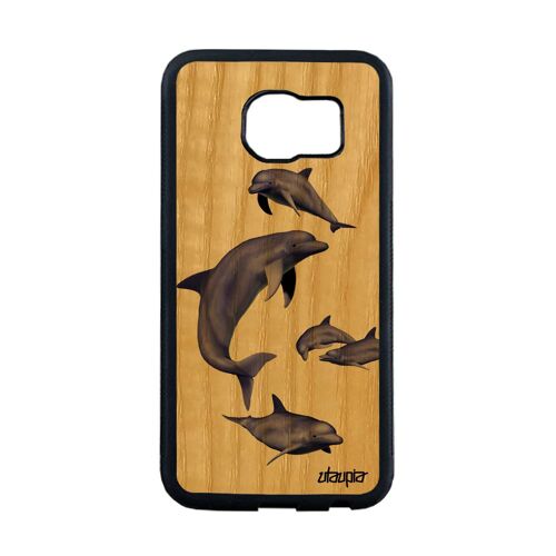 Coque Samsung Galaxy S6 Edge Bois Naturel Silicone Dauphin Nature Portable Telephone Original Smartphone Peinture Ocean Marsouin Mer