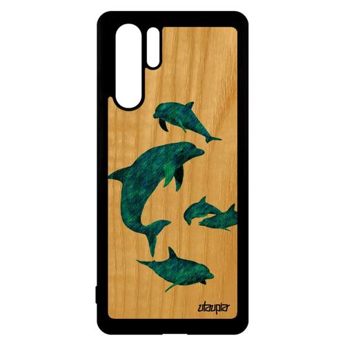 Coque Huawei P30 Pro bois naturel veritable silicone dauphin bumper frêne ocean housse etui bleu jolie mer smartphone marin animal