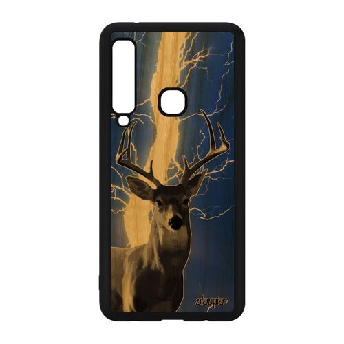 Coque Samsung A9 2018 Bois Silicone Cerf Noir Biche Mobile Bleu Caoutchouc Faon Foudre Gibier Eclair Animal Foret Telephone Galaxy