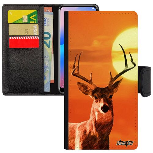 Coque Cerf Pour Iphone 15 Portefeuille Porte Cartes Cervide Telephone Biche Animal Ciel Dessin Design Couché De Soleil Animaux