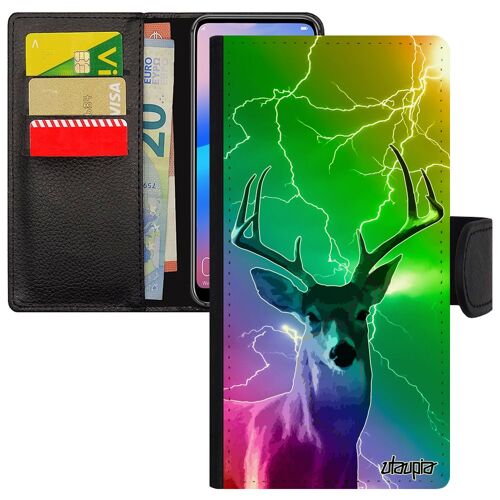 Coque cerf Honor 9 simili cuir gibier animaux vert de protection antichoc multicolore faon smartphone eclair flip case brame design